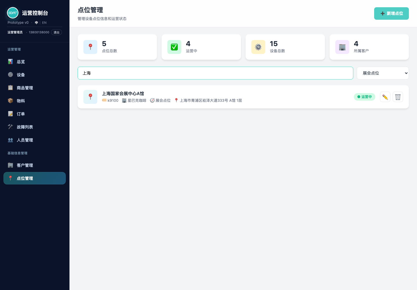 关键词「上海」+ 分类「展会点位」叠加筛选,仅命中一条